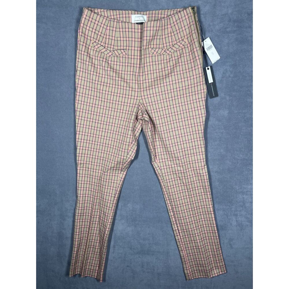 Anthropologie Skinny Pants Women 4 Khaki Plaid Side Zip Fitted High-Rise Classic
